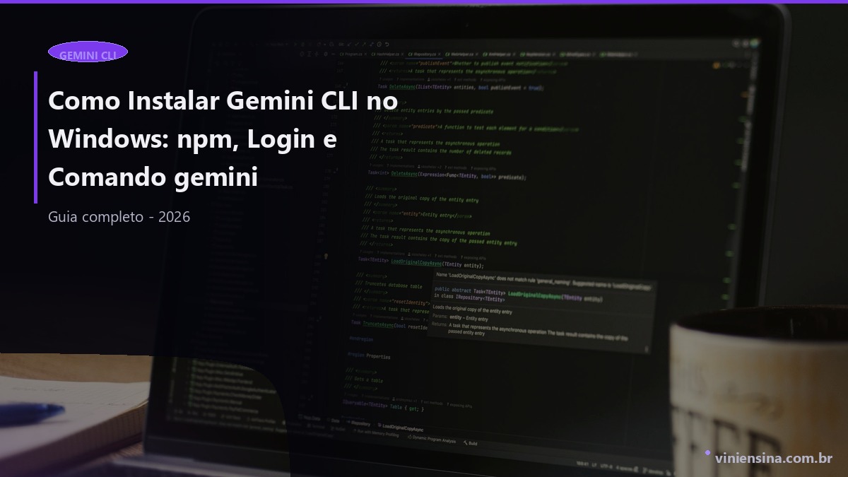Tela de terminal no Windows para instalar Gemini CLI com npm e comando gemini