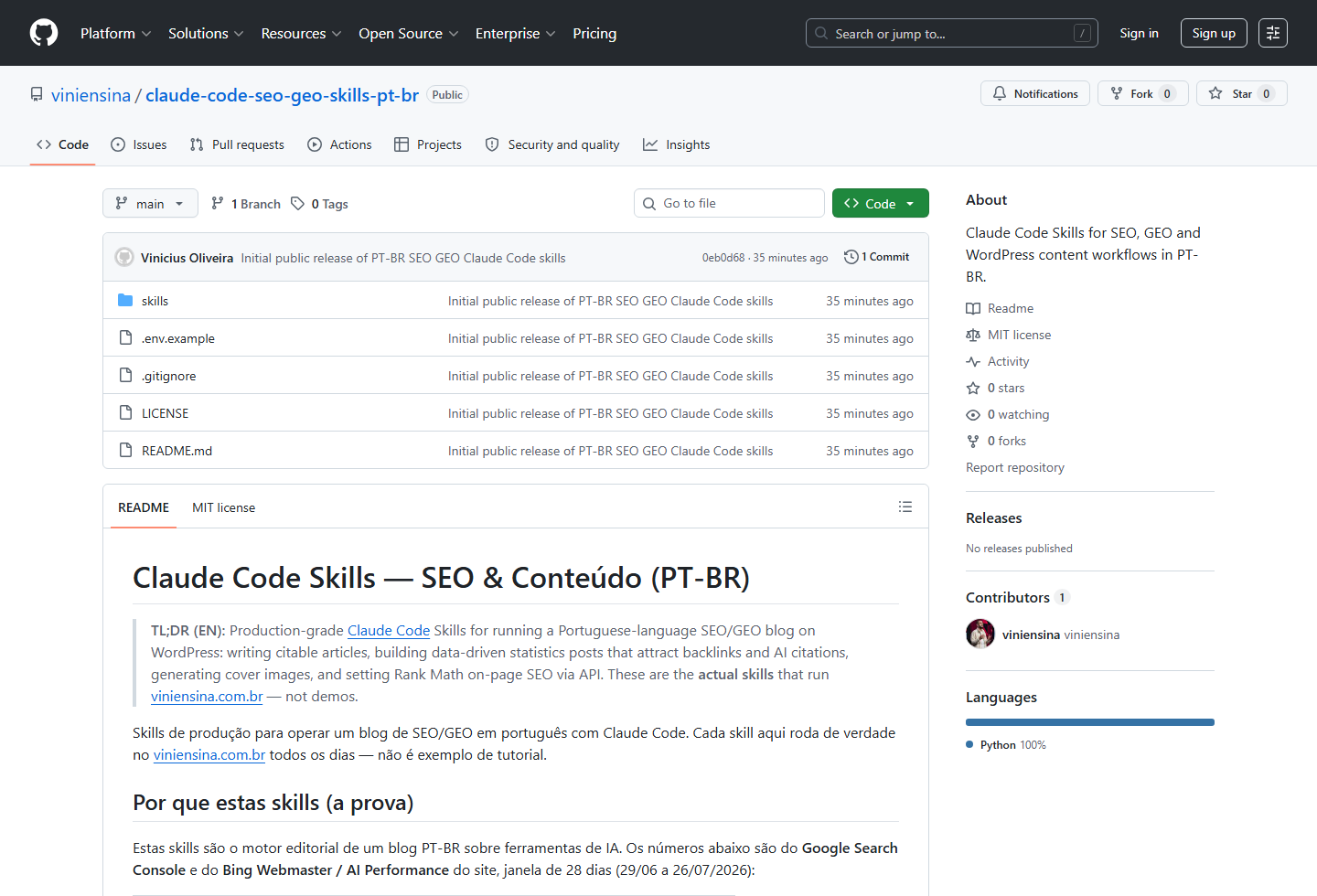 Print do repositório claude-code-seo-geo-skills-pt-br no GitHub